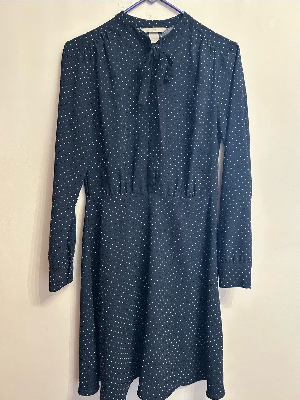 H&M Navy Blue Polka Dot Long-Sleeve Tie-Neck Dress